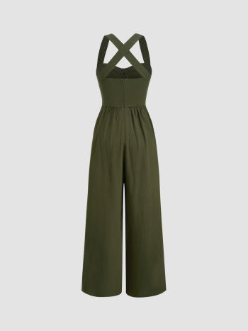 Linblandad Plisserad Jumpsuit Med Fyrkantig Hals Och Korsdetalj