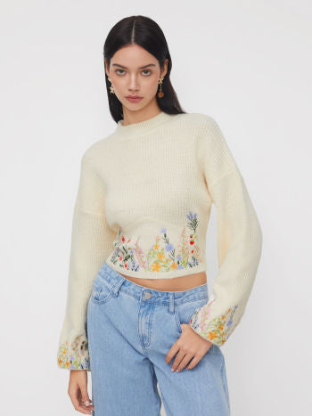 Stickad Croptopp Med Blomsterbroderi