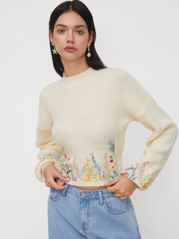 Stickad Croptopp Med Blomsterbroderi