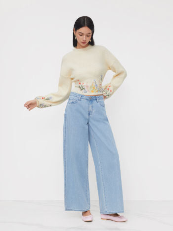 Stickad Croptopp Med Blomsterbroderi