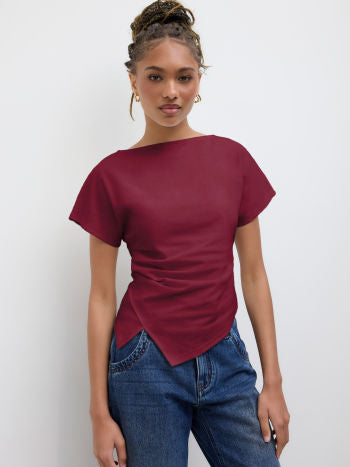 Asymmetrisk Randig Bomullstopp Med Rynk